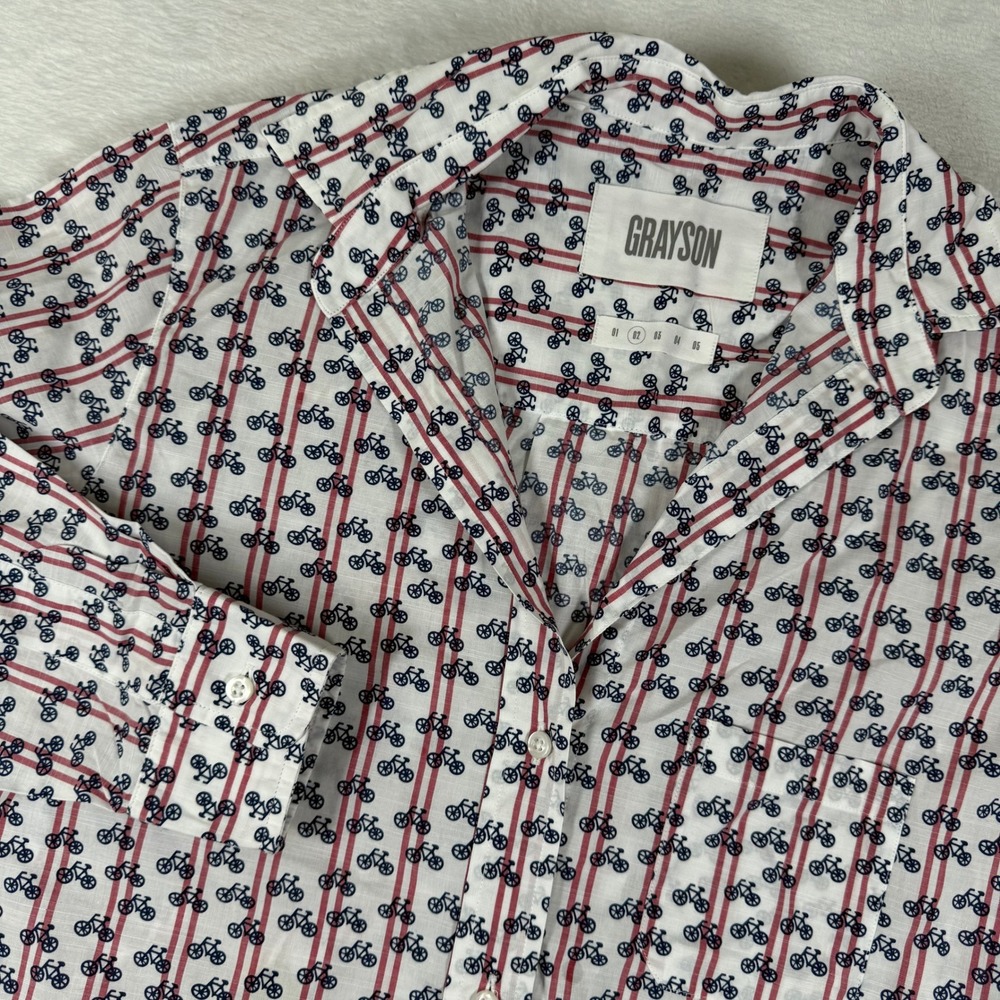 Grayson The Hero Button Down Shirt Women 02 White Red Blue Bicycle Stripe Cotton
